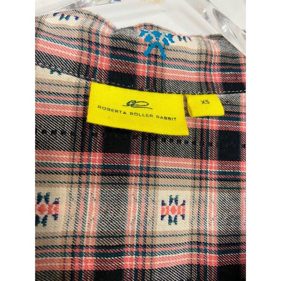 Roller Rabbit Brown Pockets Flannel Top Shirt Aztec Plaid Batik IKAT XS - Picture 10 of 12